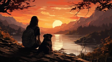 illustration of back view of unrecognizable female tourist sitting on the floor looking at the lake with cute calm dog