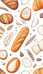 Pattern of Breads, Baguettes, and Pastries on White Background with Copy Space for Text