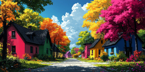 A charming street lined with brightly colored houses.