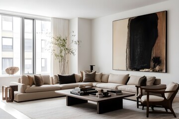 Fototapeta premium A modern living room with clean lines, neutral colors, and minimalistic furniture.
