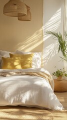 Wabi Sabi and Japandi Mix Style Bedroom with Light Gold Yellow Accent