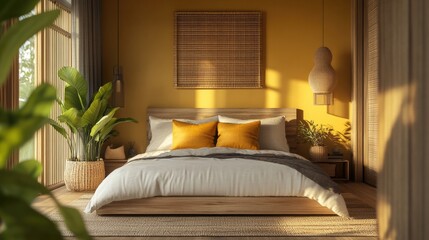 Wabi Sabi and Japandi Mix Style Bedroom with Light Gold Yellow Accent