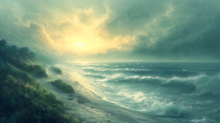Fototapeta premium Stormy Ocean Waves Crashing on Shore at Sunset