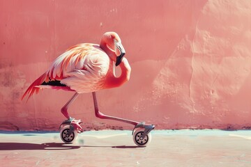 A vibrant flamingo riding a scooter through water amidst dramatic clouds during a colorful sunset at a whimsical park