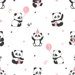 Cute panda bears seamless pattern. Vector birthday party illustration