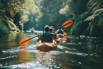Group of kayakers paddle through a lush forested river during a serene afternoon in summer, enjoying nature and adventure together