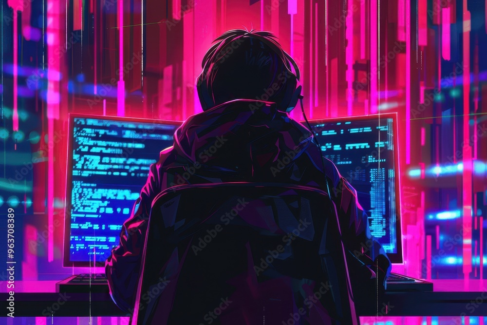 Poster A lone figure sits at a desk in a dark room illuminated by vibrant digital streams, immersed in coding in a futuristic environment