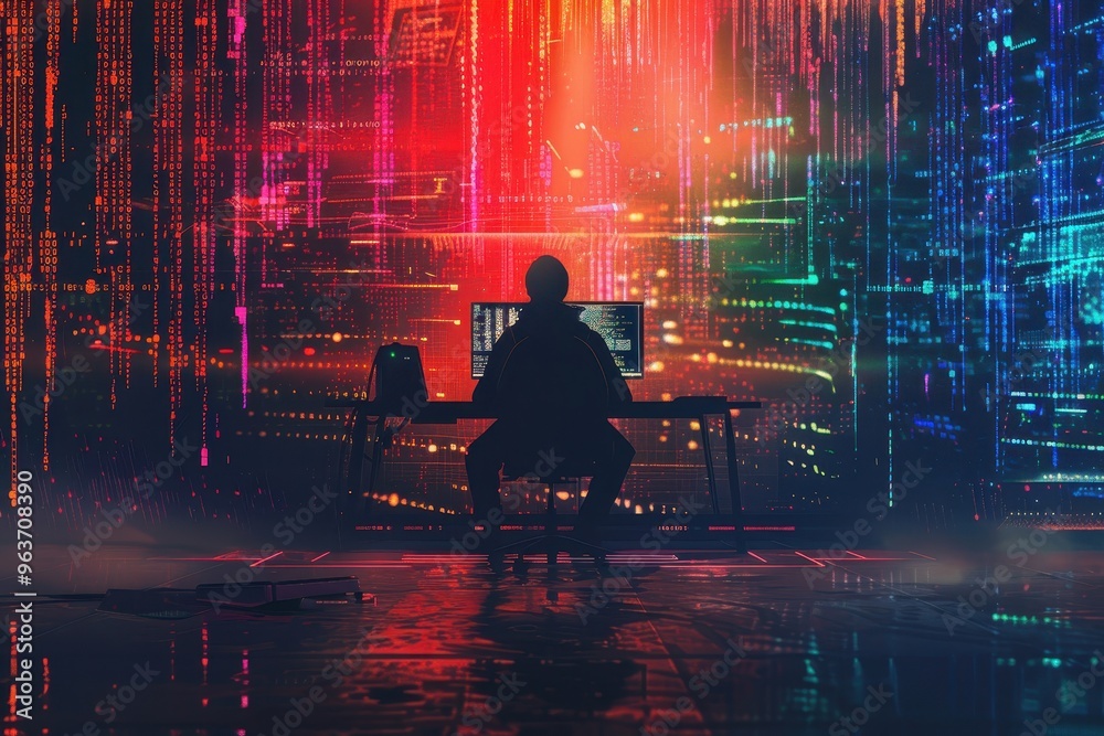 Poster A lone figure sits at a desk in a dark room illuminated by vibrant digital streams, immersed in coding in a futuristic environment