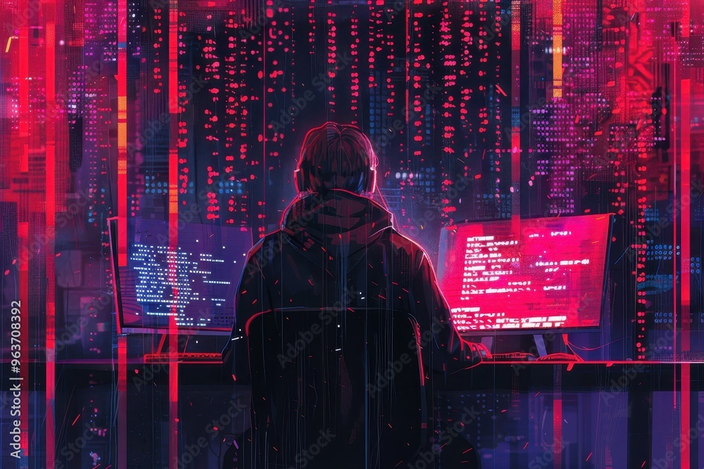 Poster A lone figure sits at a desk in a dark room illuminated by vibrant digital streams, immersed in coding in a futuristic environment