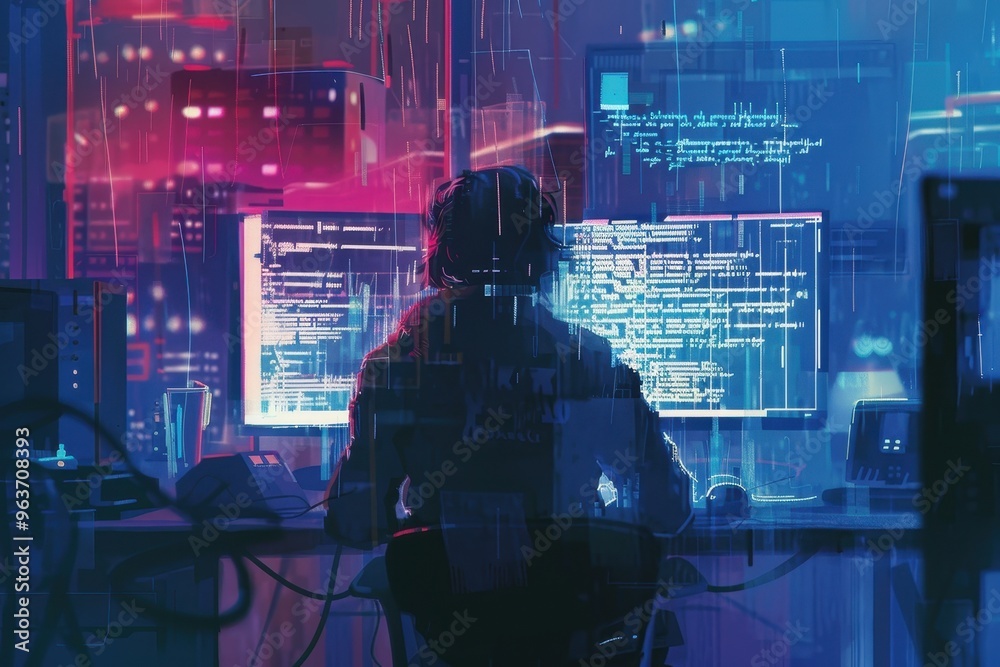Poster A lone figure sits at a desk in a dark room illuminated by vibrant digital streams, immersed in coding in a futuristic environment