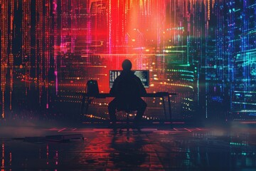 A lone figure sits at a desk in a dark room illuminated by vibrant digital streams, immersed in coding in a futuristic environment