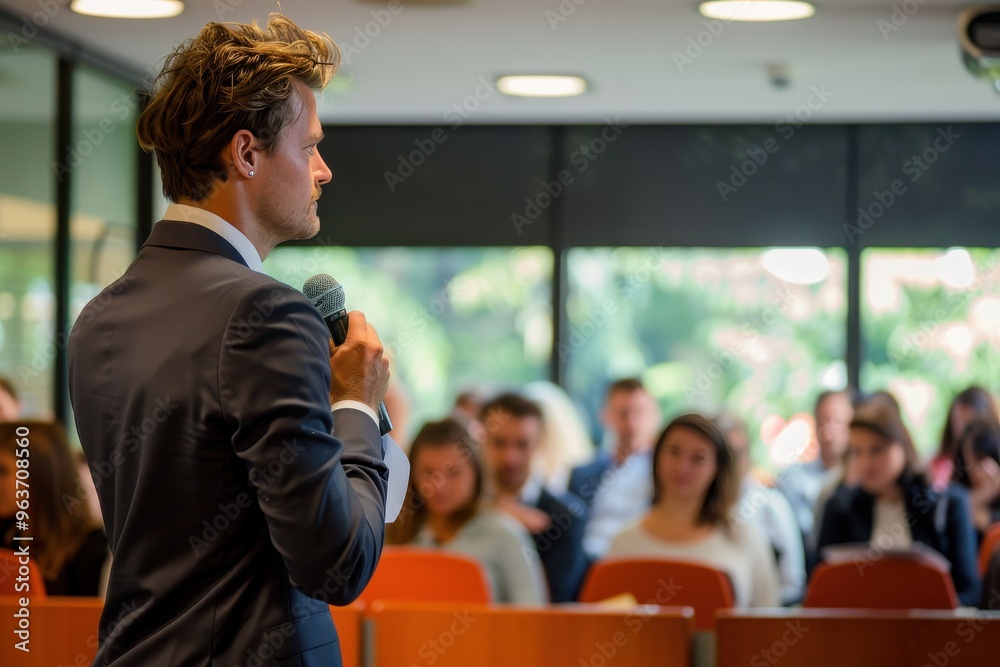 Poster Engaging lecture on public speaking techniques in a university auditorium with attentive students during a weekday afternoon session