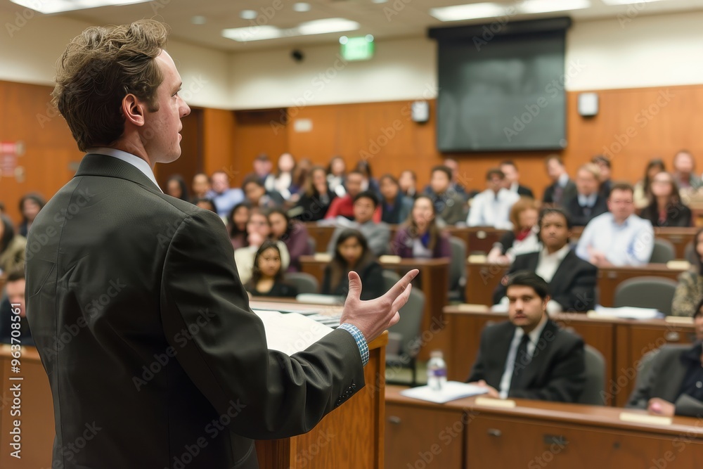 Aufkleber Engaging lecture on public speaking techniques in a university auditorium with attentive students during a weekday afternoon session