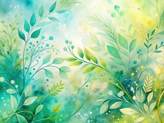 Abstract botanical illustration featuring analogous colors of blue-green, green, and yellow-green, set against a soft, creamy background, with subtle texture and intricate details.