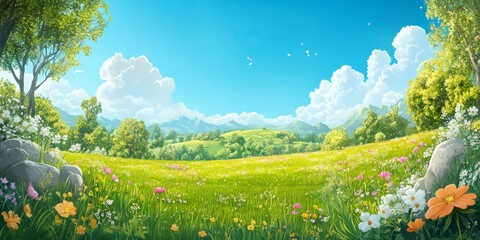Fototapeta premium This whimsical cartoonstyle spring landscape showcases lush green grass, vibrant flowers in bloom, and a clear blue sky, evoking joy and capturing the enchanting beauty of nature around us