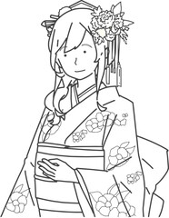 お正月の着物を着た女性（線画）