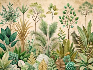 A stylized illustration of a botanical garden, featuring a variety of plants and flowers in shades of green, beige, and brown, set against a warm beige-colored background 