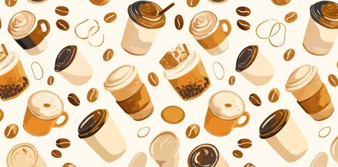 Obraz premium Seamless Pattern of Coffee Cups in Line Art Style with Brown Lines on White Background