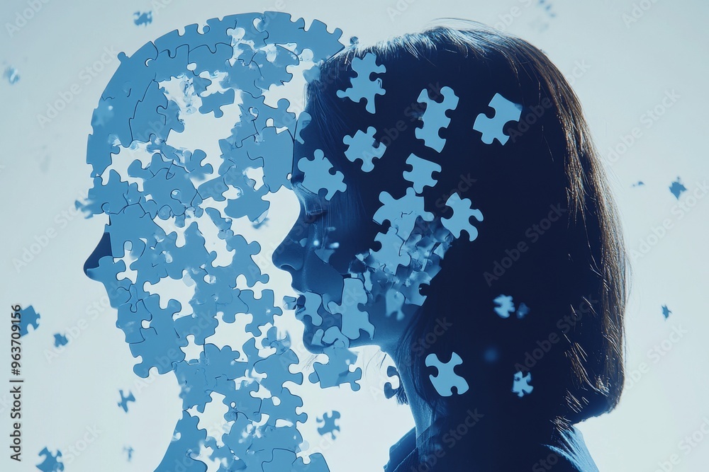 Poster Mental potential Emotional mirroring Blue puzzle head with pieces disintegrating symbolizing memory loss cognitive decline and the fading of thought in the aging process