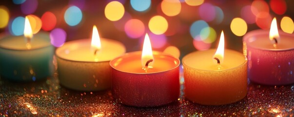 Colorful tealight candles with bokeh lights