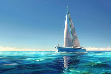 Fototapeta premium A lone sailboat gliding across calm turquoise waters under a clear blue sky in the tranquility of midday sunlight