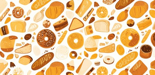 Seamless Pattern of Line Art Doodles Featuring Breads, Pastries, and Bakery Products 