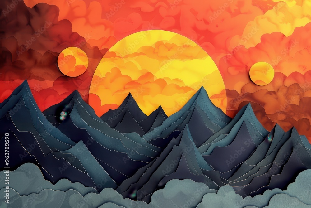 Aufkleber Sunset over a mountain range with layered peaks and silhouettes of pine trees in the foreground creating a serene and vibrant atmosphere