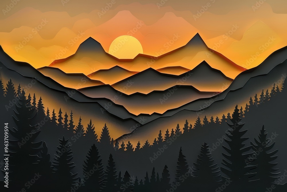 Aufkleber Sunset over a mountain range with layered peaks and silhouettes of pine trees in the foreground creating a serene and vibrant atmosphere
