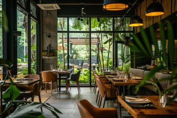 Fototapeta premium Elegant Hotel Restaurant with Energy Efficient Appliances and Sustainable Green Decor