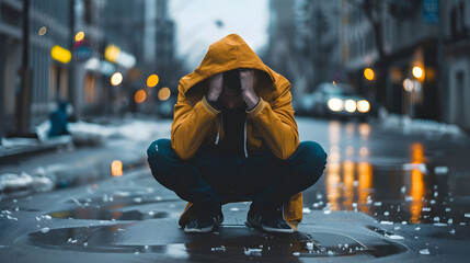 Fearful resident peeks out from behind curtains in densely populated high-crime area at night.