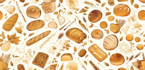 Seamless Pattern of Line Art Doodles Featuring Breads, Pastries, and Bakery Products 