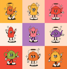 Obraz premium Set of different groovy teapot and coffee kettle characters. Flat vector illustration.