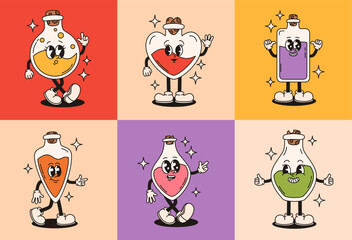 Set of groovy characters of bottles with magic potions. Flat vector illustration.