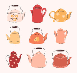 Set of different teapots for tea and coffee. Flat vector illustration.