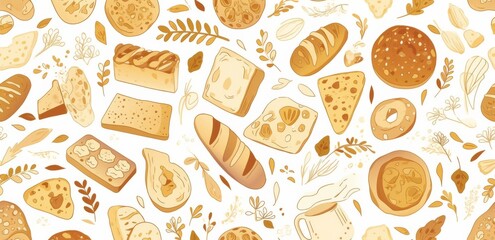 Seamless Pattern of Line Art Doodles Featuring Breads, Pastries, and Bakery Products 