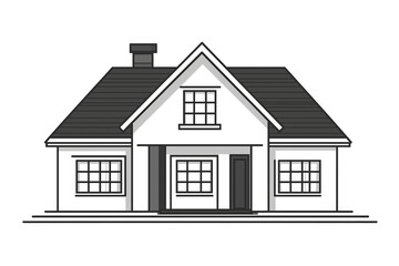 Simple black-and-white line art of a two-story residential house with a garage, front porch, and large windows.isolated on white background.
