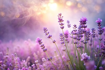 Naklejka premium Gentle petals of soothing lavender and powder pink flowers unfold against a subtle gradient of morning mist, exuding an atmosphere of peaceful slumber