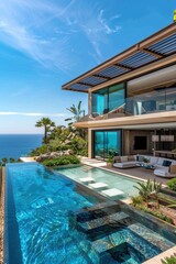 Fototapeta premium Luxurious Coastal House with Infinity Pool and Solar Panels Overlooking Ocean - Perfect for Posters