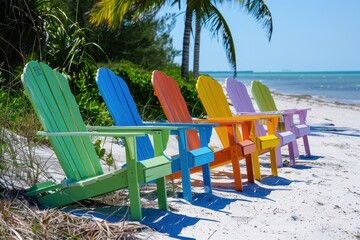 Brightly colored beach chairs lined up on the sandy shore, with gentle waves and fluffy clouds under a sunny sky during a peaceful afternoon