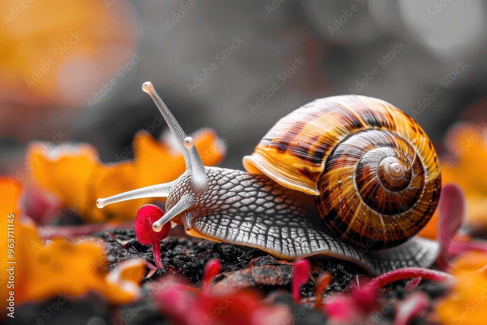 Poster a brown snail slowly crawls over a sunlit pathway surrounded by scattered autumn leaves in a tranqui