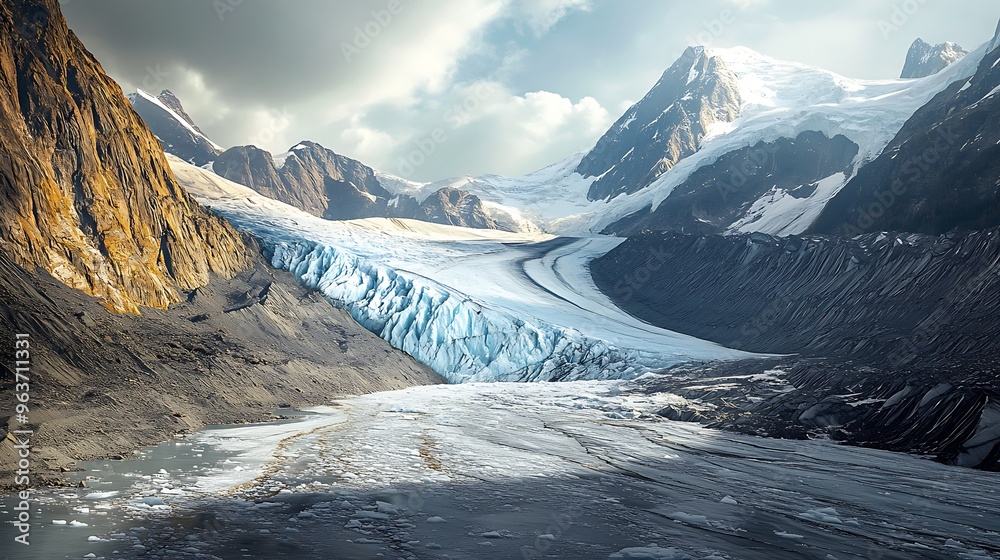 Poster A mountain glacier shrinking over the years, with each layer of ice retreating further, offering a clear visual of the rapid pace of glacial melting.