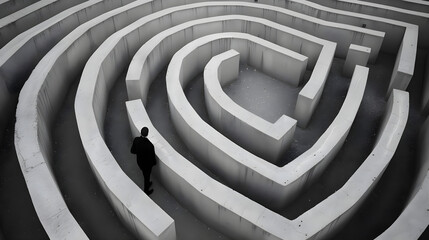 Confused and anxious person lost in a complicated maze, feeling overwhelmed and directionless.