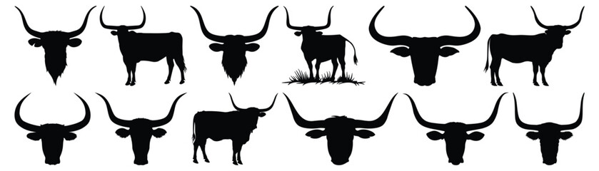 Longhorn cow silhouette set vector design big pack of cow illustration and icon