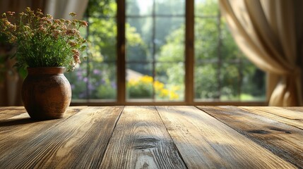 Elegant Wooden Table Top with Blurred Half-Curtained Window Background: Ideal for Stylish Product Displays and Creative Projects, Featuring Warm Wood and Soft Window Blur Generative AI