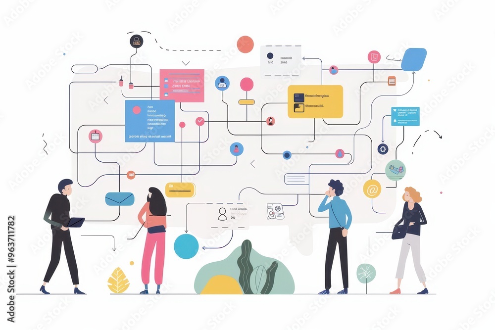 Poster Creative workspace featuring a wall covered in colorful sticky notes and project flowcharts, illustrating collaboration in a modern office setting