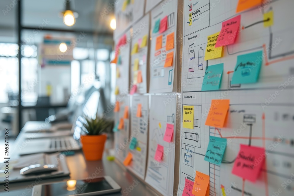 Fototapete Creative workspace featuring a wall covered in colorful sticky notes and project flowcharts, illustrating collaboration in a modern office setting