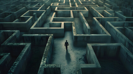 Lost person surrounded by maze walls, looking overwhelmed and disoriented, trying to find a way out.