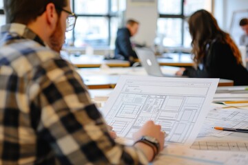 Student reviewing architectural blueprints while working in a collaborative studio space during a design session at a university