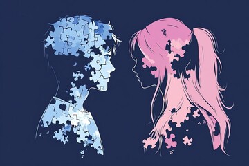 Neural cognition Cerebrum Silhouette heads with puzzle pieces symbolizing fragmented memories emotional gaps and the process of self discovery