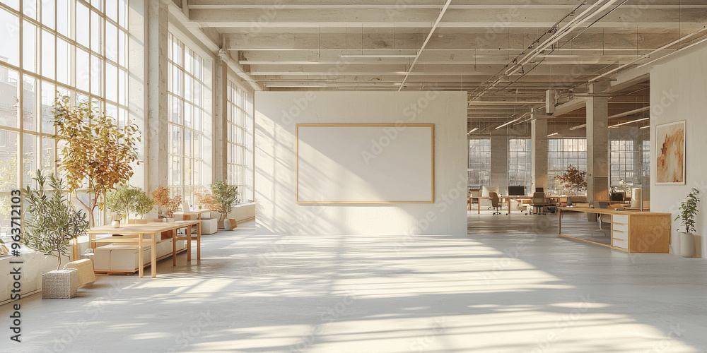 Wall mural Spacious, light-filled office interior with large windows and a blank canvas.